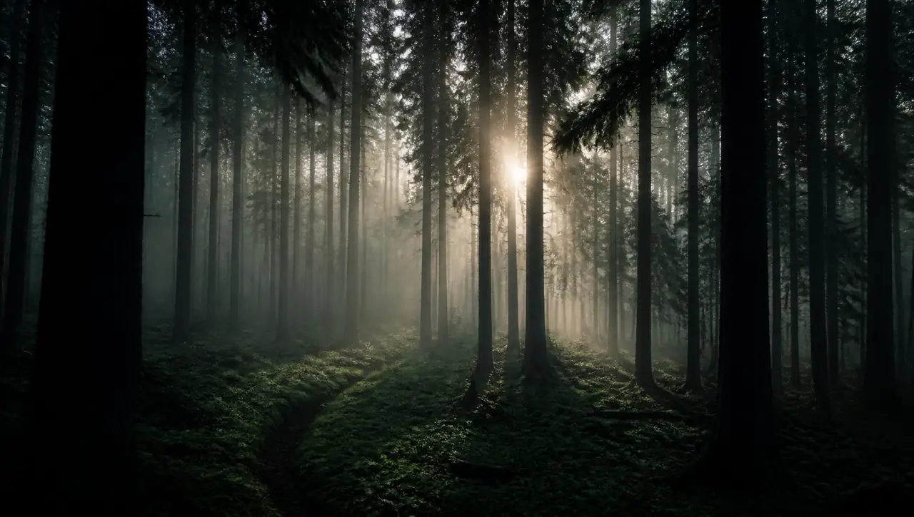 Nebliger Nadelwald im Morgenlicht